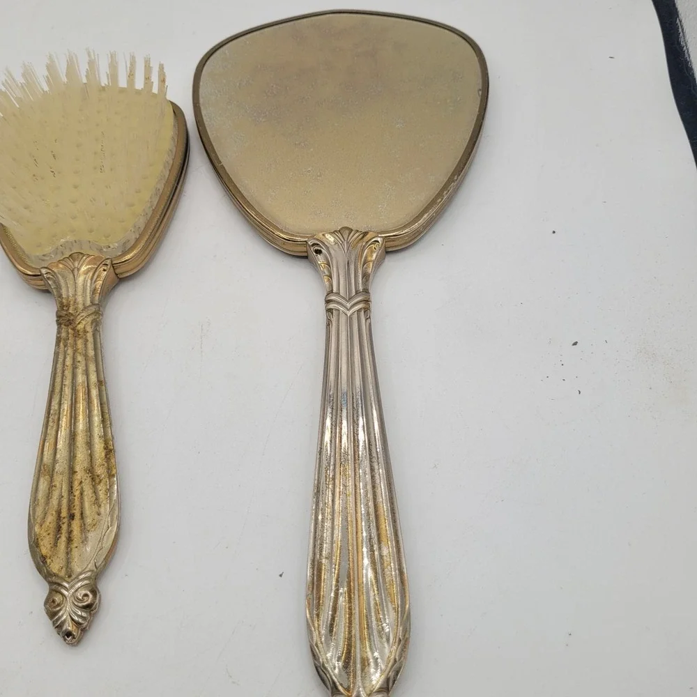 Vtg Vanity Set Hand Mirror, Hair Brush and Comb‎ Gold color trim and handle.